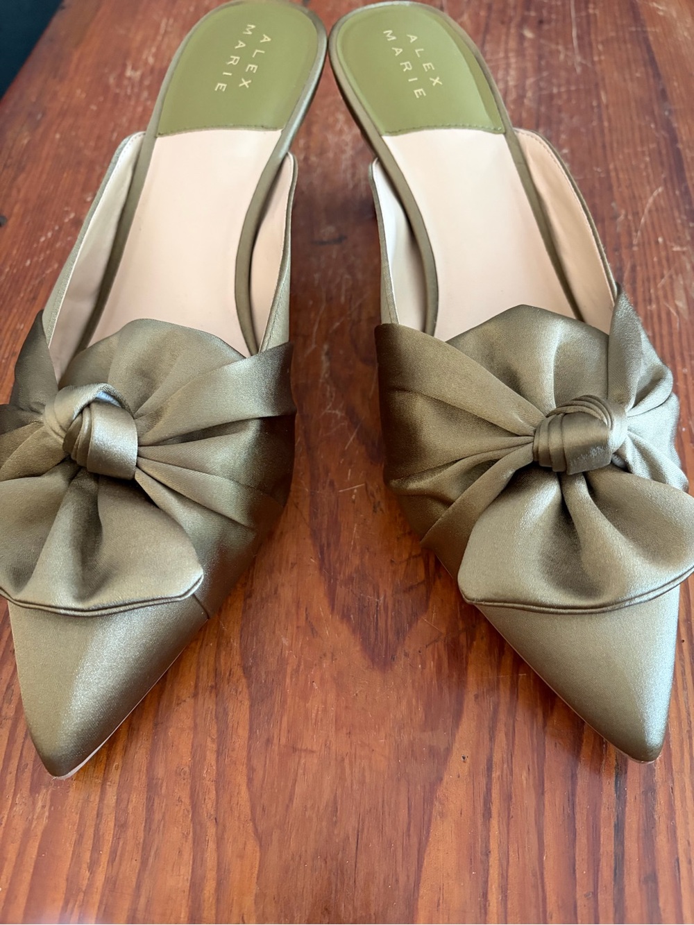 Alex Marie Olive Satin Pointed Knot Mules - Picture 2 of 8